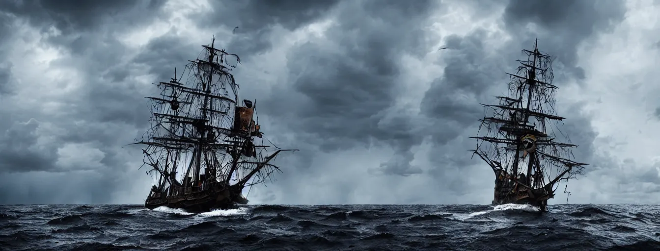 Prompt: pirate ship in the middle of the ocean, thunderstorms