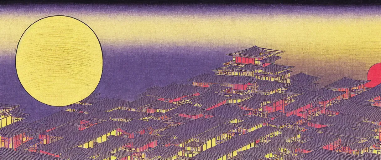 Prompt: a Ninja secretly jumping from one rooftop to another at night, purple sky, yellow moon, highly detailed ukiyoe by Utagawa Hiroshige