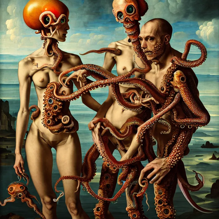 Prompt: cyborg couple wearing exoskeleton, holding a squid, octopus, sea in the background, beautiful baroque portrait painting, psychedelic, trippy, hallucination, dream, beautiful detailed intricate insanely detailed octane render trending on Artstation, 8K artistic photography, photorealistic, chiaroscuro, Raphael, Caravaggio