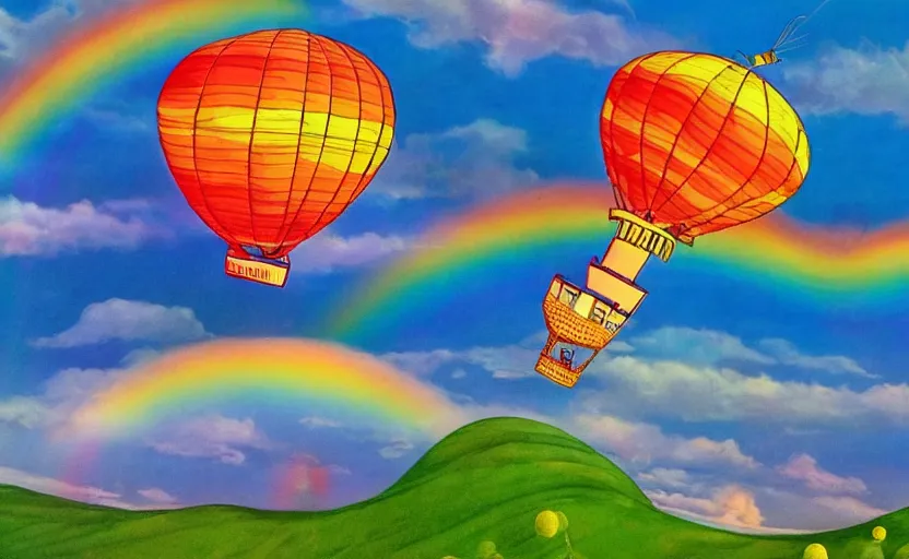 Prompt: hot air balloon flying through a double rainbow, illustration by dr seuss, oh the places you'll go