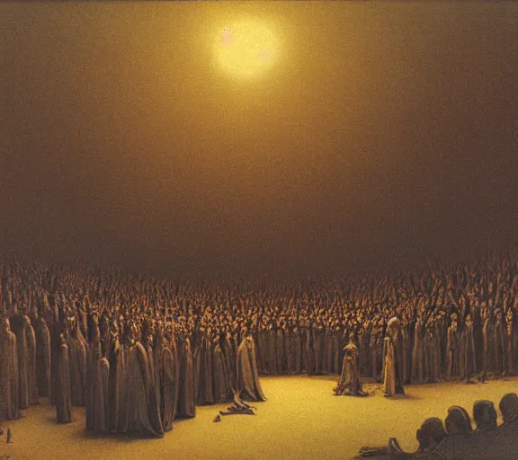 Image similar to a large amount of cultist followers gathered in front of a cult leader's stage, view from stage, in the style of beksinski