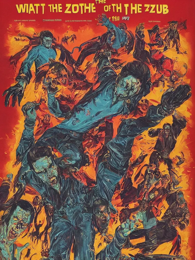 Image similar to poster for the movie Wrath of the Space Disco Zombies, 1970s style, very detailed, text says: Wrath of the Space Disco Zombies