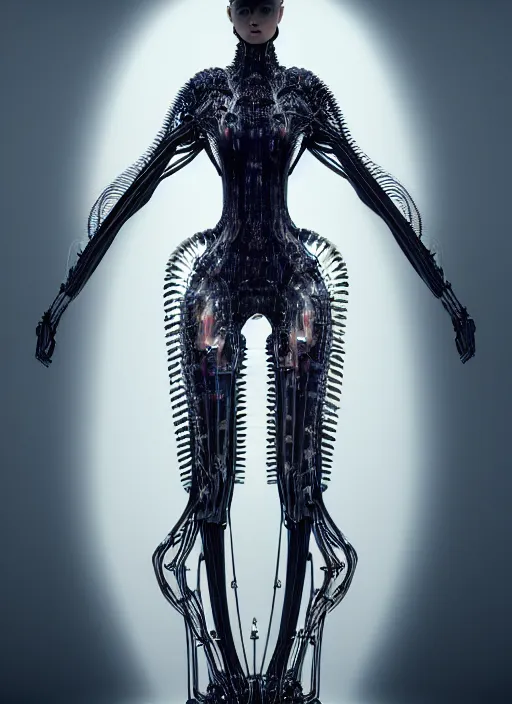 Image similar to iris van herpen gothic inflateble dark dress, perfect symmetrical body, helmet on face, full body shot, inflateble shapes, wires, tubes, veins, jellyfish, white biomechanical details, wearing epic bionic cyborg implants, masterpiece, intricate, biopunk, vogue, highly detailed, artstation, concept art, cyberpunk, octane render