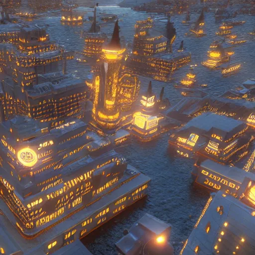 Prompt: a golden fantasy sci fi luxurious city, scandinavian / norse influenced, cinematic, ray traced, octane render, cinematic lighting, ultrarealistic, featured on artstation, 8 k uhd artwork