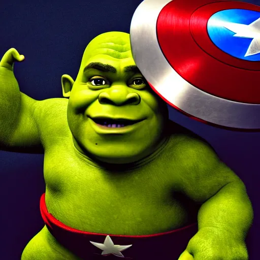 Image similar to digital painting of tiny super cute Shrek as Captain America in palms of someone's hands, octane render, volumetric lightening, by marvel