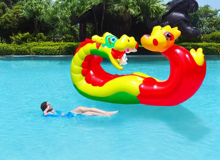 Prompt: inflatable dragon balloon, majestic dragon made of inflated latex rubber, pool toy, air valve, air nozzle, summertime, beach scene