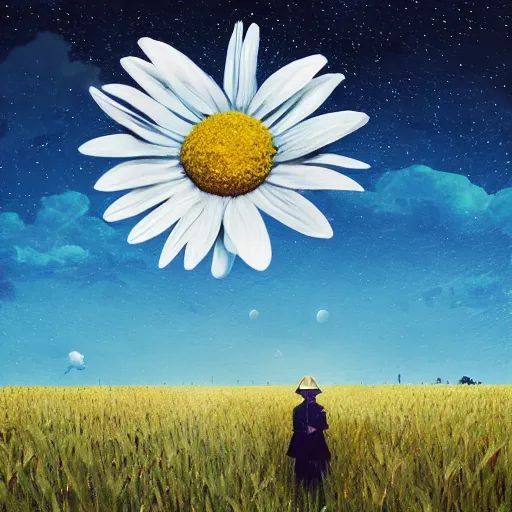 Image similar to giant daisy flowers as a head, girl walking in wheat field, hills, surreal photography, moon light, dark night, star trails, dramatic light, impressionist painting, clouds, digital painting, artstation, simon stalenhag