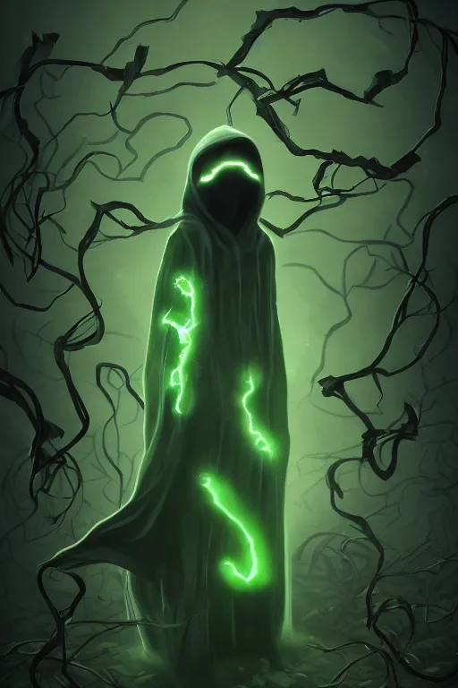 Image similar to A full body portrait of a mysterious character with no face, glowing eyes and a very long hooded dark green cloak of leaves, vines coming out the ground art by Shaddy Safadi and Jason Chan, ominous, cosmic horror, trending on artstation, Ultra detailed, hyper realistic 4k