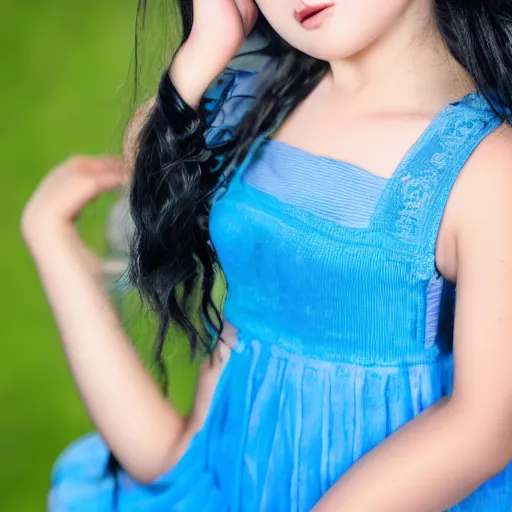 Image similar to blue haired blue eyes girls wearing blue mini dress, back photo, pretty face, studio photo, uhd, 4k