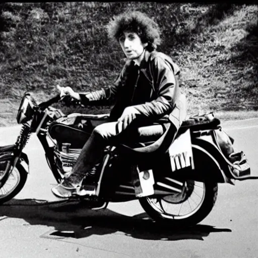 Image similar to bob dylan on a motorbike with his guitar