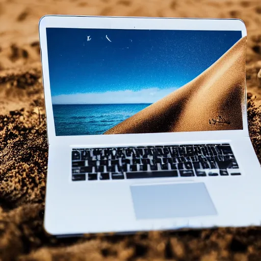 Image similar to a man with a laptop in the sandhill windy, photorealistic, 4 k