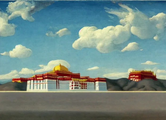 Image similar to lhasa palace, clouds, bird, open ceiling, strange foreign objects, oil painting by edward hopper, chirico and rene magritte