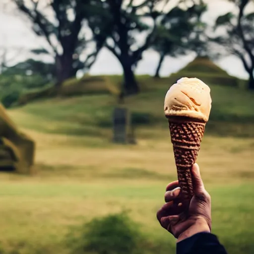 Image similar to a man holding an ice cream cone with a moai 🗿 in it, 4 k photograph