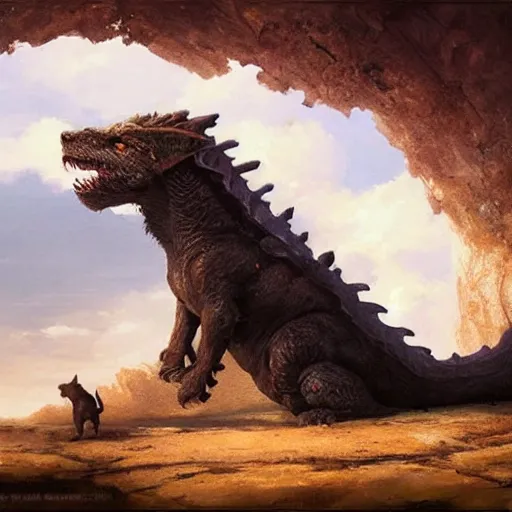 Image similar to the side view of a dog, a little terrier, touching his nose to the nose of a huge dragon, beautiful fantasy painting by greg rutkowski