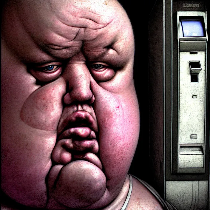 Image similar to hyperrealistic mixed media portrait of a mordidly obese man using an ATM machine, despair, depressing and hopeless vibe, stunning 3d render inspired art by P. Craig Russell and Barry Windsor-Smith + perfect facial symmetry + dim volumetric lighting, 8k octane beautifully detailed render, post-processing, extremely hyperdetailed, epic composition, grim yet sparkling atmosphere, cinematic lighting + masterpiece, trending on artstation