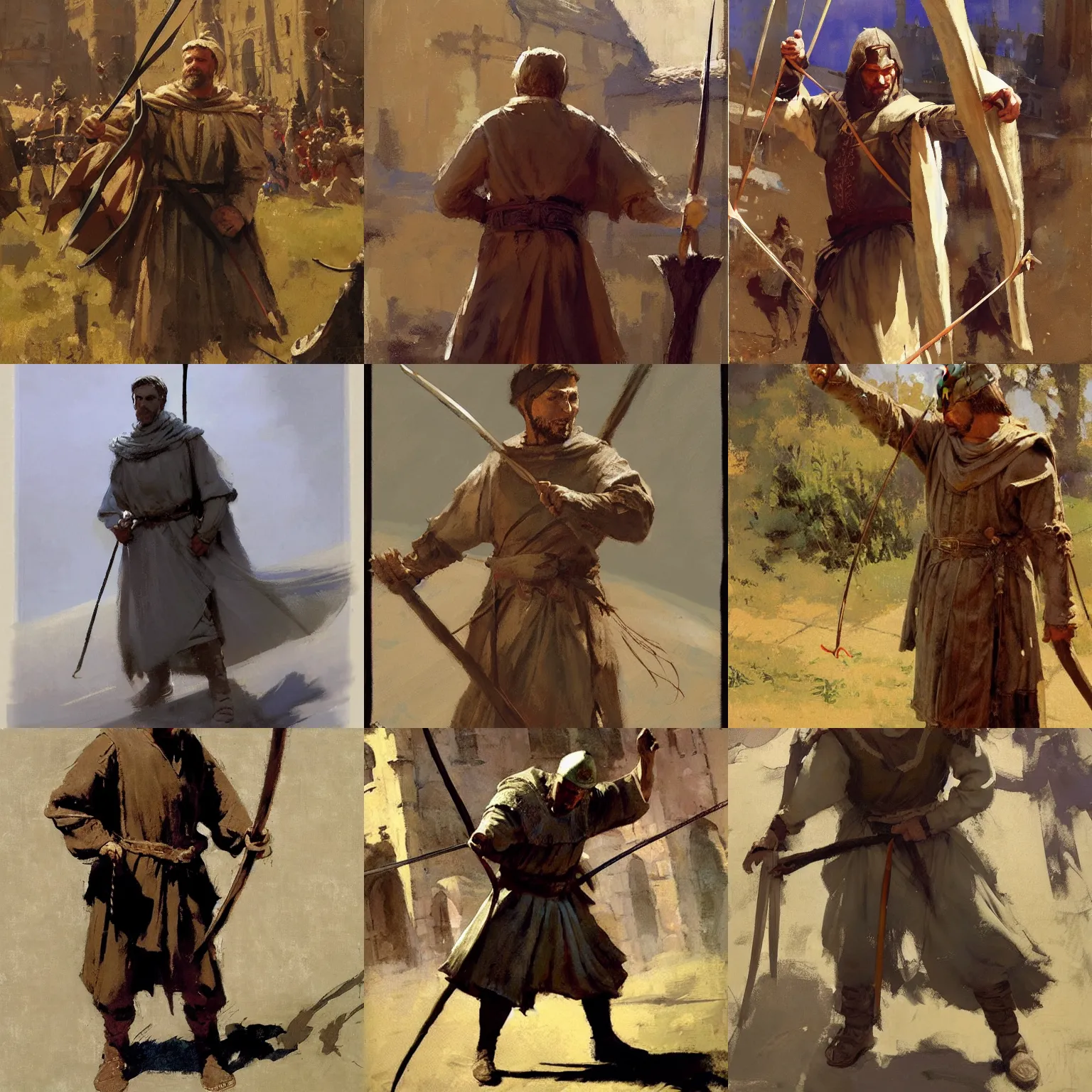 Prompt: man in medieval clothes holding a bow by craig mullins, greg manchess, bernie fuchs, walter everett, epic