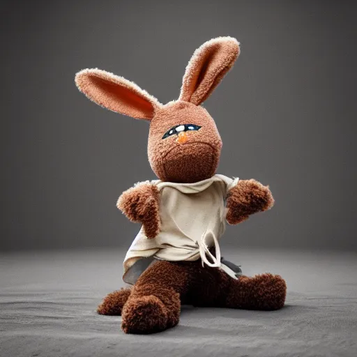 Image similar to a little brown karate loving ninja bunny that is a plush muppet wearing cool ninja clothes and practicing her karate out in nature, photorealistic, photography, ambient occlusion, rtx, national geographic