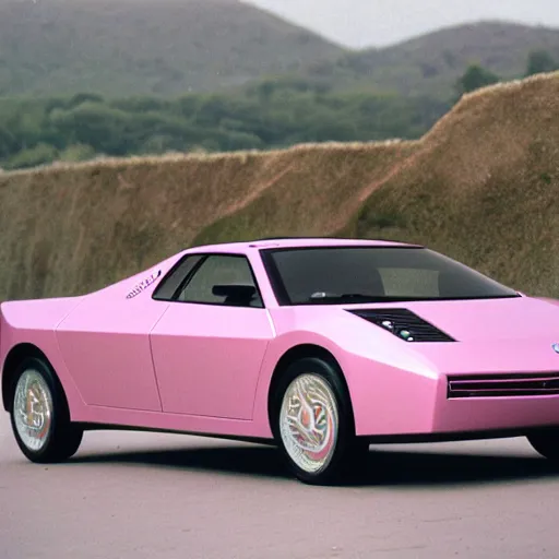 Prompt: 3 5 mm photo of pink pininfarina modulo car like pink phanter