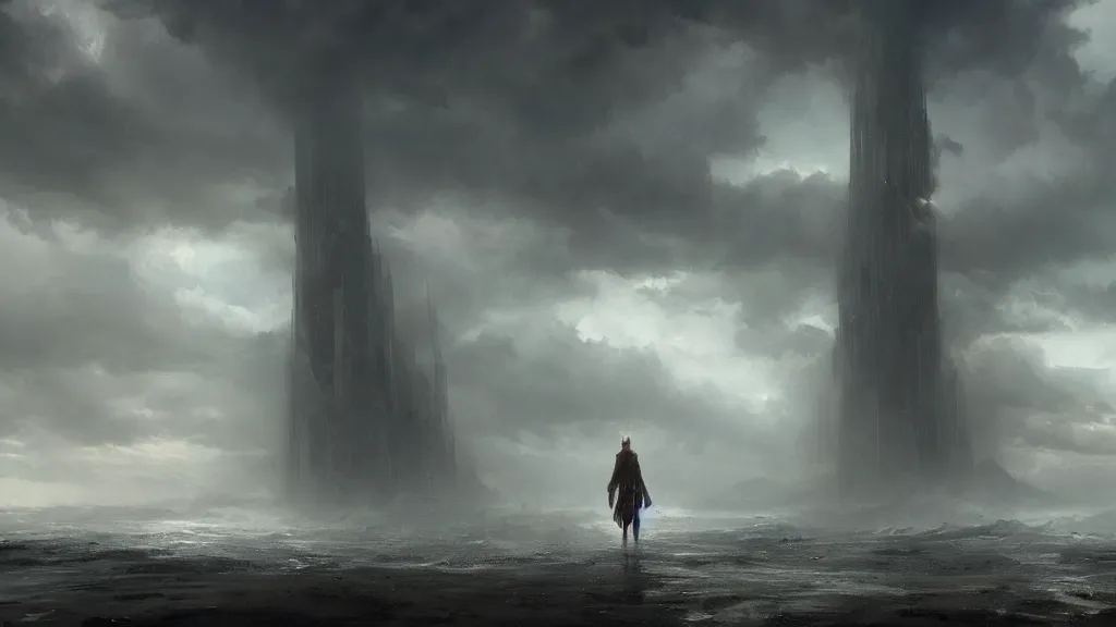 Prompt: epic storm by greg rutkowski the last tower. sand. lonely hero. ominous. 3 8 4 0 x 2 1 6 0