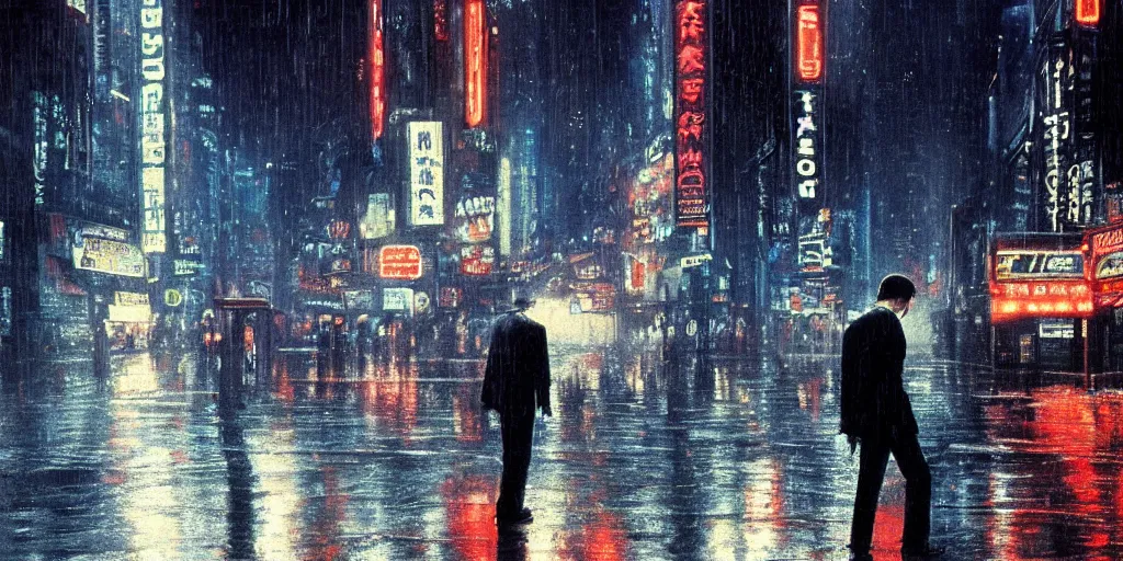 Prompt: duel, clint eastwood vs takeshi kitano in blade runner posing on a neon rainy vague street in headlights, movie shot, photo realism, detailed