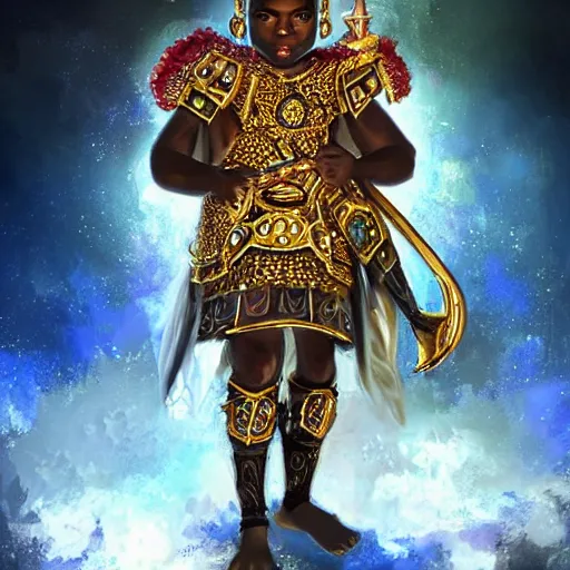 Image similar to a young black boy dressed like an african moorish warrior in gold armor and a crown with a ruby, and a very ornate glowing scimtar, for honor character digital illustration portrait design, by android jones in a psychedelic fantasy style, dramatic lighting, hero pose, wide angle dynamic portrait