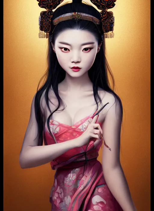 Image similar to beautiful fashion girl in tang dynasty with big eyes, strapless dress, character portrait in the style of thomas river and artgerm, wlop, cinematic lighting, hyperdetailed, 8 k realistic, symmetrical, global illumination, radiant light, halo, love and mercy, frostbite 3 engine, cryengine, dof, trending on artstation, digital art, chanel