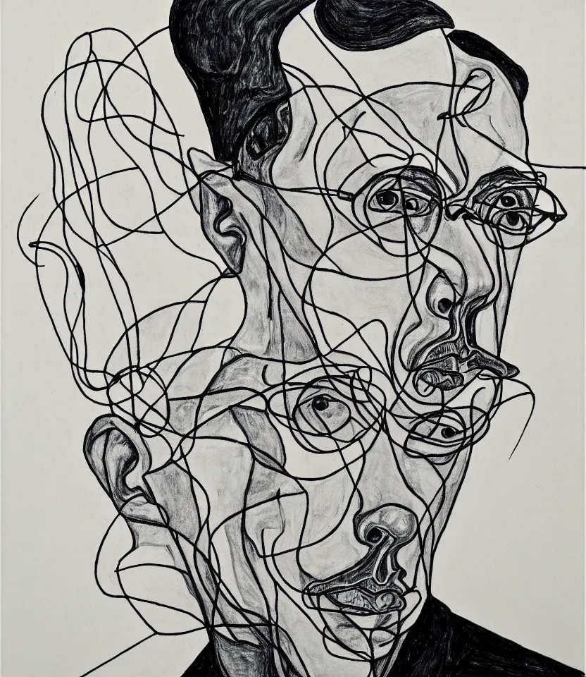 Image similar to elegant line art portrait of igor stravinsky. inspired by egon schiele. contour lines, musicality, twirls, curls and curves, strong personality, staring at the viewer