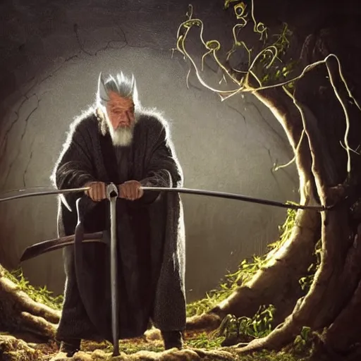 Image similar to the evil ian mckellen smithing on an anvil as gandalf in a dark viking hood playing odin all father crafting the plant of life with vines on an anvil, highly detailed, cinematic shot, cinematic lighting, 8 k, exquisit facial detail, magical realism painting, chiaroscuro, dark painting.