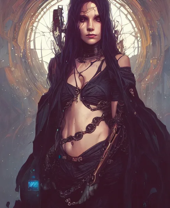 Prompt: portrait of a cyberpunk witch, half body, d & d, fantasy, intricate, elegant, highly detailed, digital painting, artstation, concept art, art by artgerm and greg rutkowski and alphonse mucha