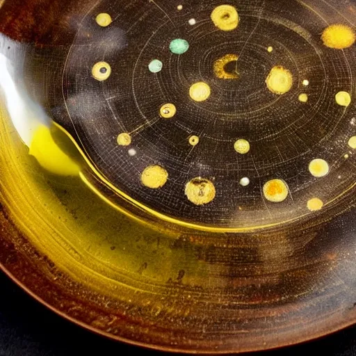 Image similar to olive oil and vinegar drizzled on a plate in the shape of the solar system