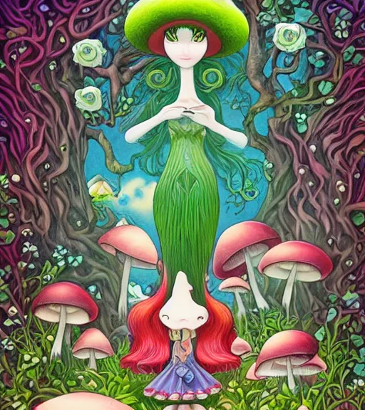 Prompt: Mushroom dryad by Jeremiah Ketner and Hiroyuki Mitsume-Takahashi and Goro Fujita and Mark Ryden and Pixar and Hayao Miyazaki