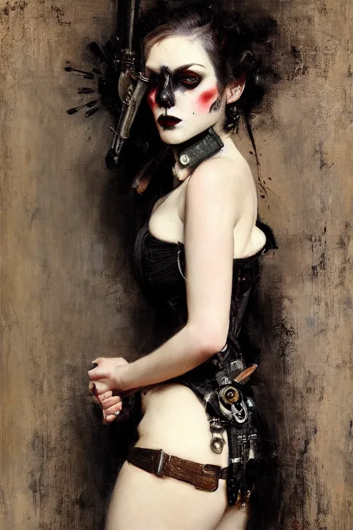 Image similar to Richard Schmid and Jeremy Lipking and Roberto Ferri full length portrait painting of a young beautiful victorian steampunk goth punk rock woman