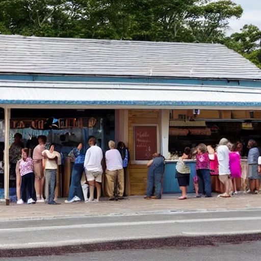 Image similar to a long line of rich customers waiting outside a small ice cream shack called 'four seas' they make premium ice cream.