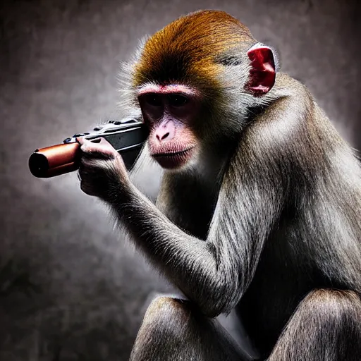 Image similar to realistic photo, a monkey holding a gun dressed as a cowboy, post apocalyptic city
