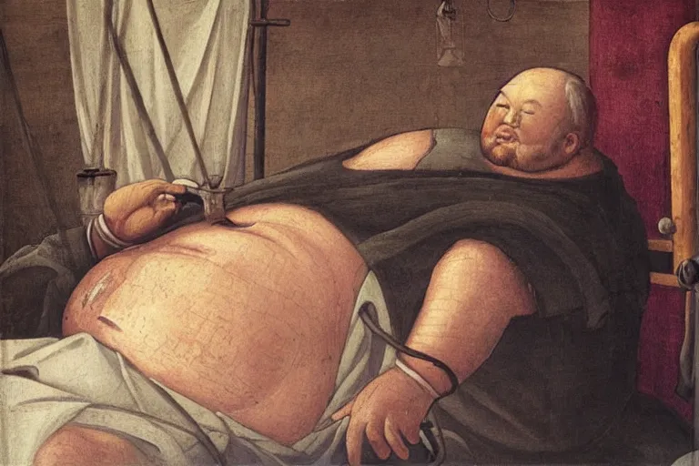 Prompt: “Bored Fat man with big beard in Hospital Bed with IV therapy stand. Medieval painting”