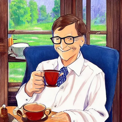 Image similar to drawing of Bill Gates crossdressing in linen dress while drinking tea, in the style of studio ghibli and Konstantin Razumov, fine details, high quality