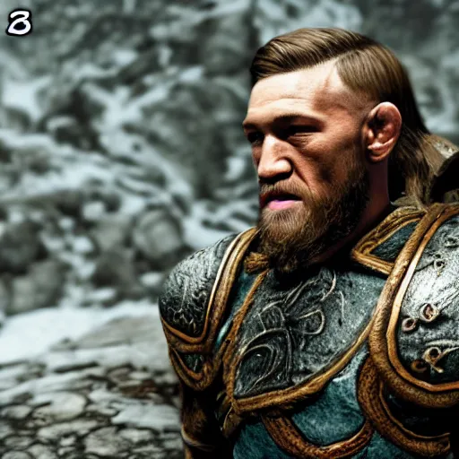 Image similar to character screenshot of conor mcgregor in skyrim, female armor, npc talking, wilderness, 1 0 8 0 p, bokeh, elder scrolls v, detailed, dialog text