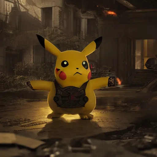 Image similar to pikachu! in Gears of War, splash art, movie still, cinematic lighting, dramatic, octane render, long lens, shallow depth of field, bokeh, anamorphic lens flare, 8k, hyper detailed, 35mm film grain