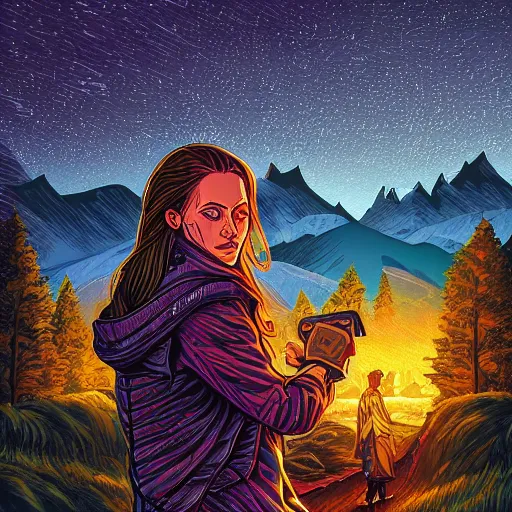 Image similar to a portrait of acharacter in a scenic environment in the style of dan mumford