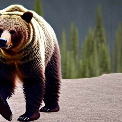 Image similar to a grizzly bear wearing a tuxedo walking on its hind legs, cinematic, realistic