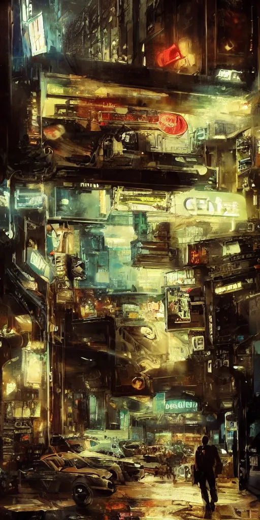 Image similar to the entrance of general store seven - eleven located in the middle of a sci - fi city, street view, sci - fi cars, painted by ashley wood and phil hale, blade runner, masterpiece, award - winning, sharp focus, intricate concept art, ambient lighting, 8 k, artstation, pixiv