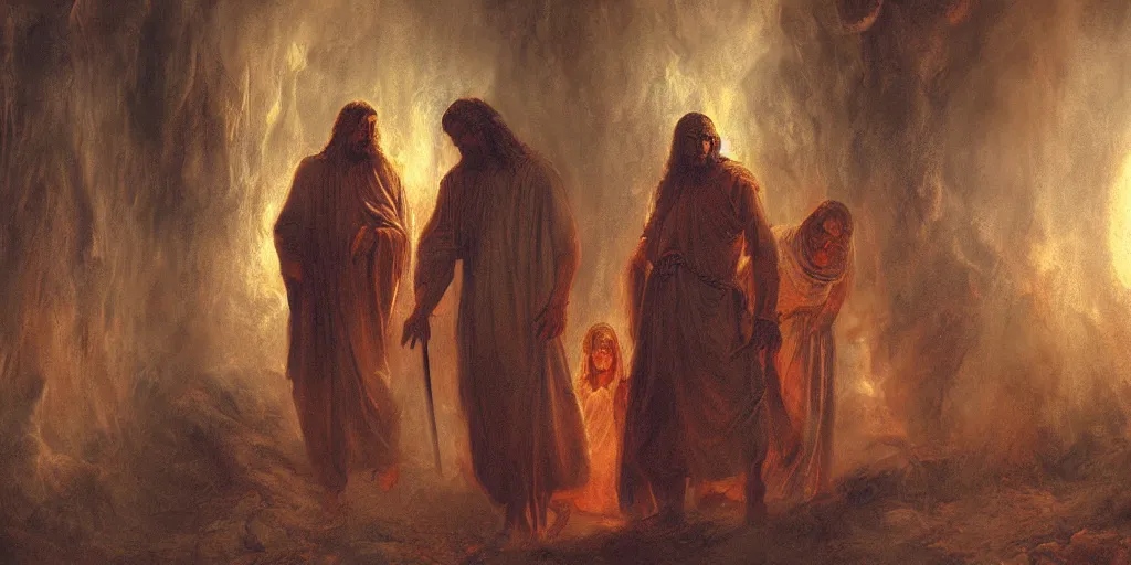 Prompt: Jesus Christ, walking through hell, a fantasy digital Painting, by ADOLPH VON MENZEL