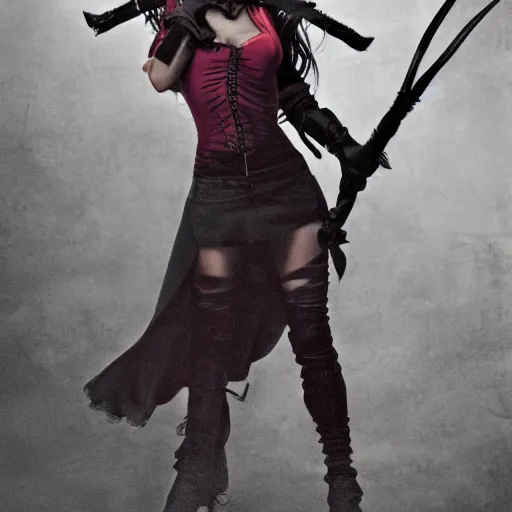 Prompt: long shot photo of a female vampire warrior with weapons