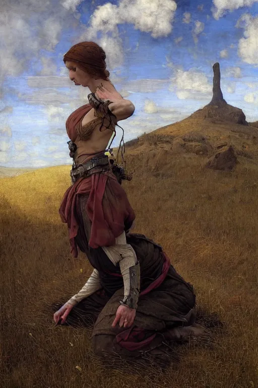 Prompt: postapocalypse raider in prayer, meadow, sunshine, by edgar maxence and caravaggio and michael whelan and delacroix style, artistic, intricate drawing, light brazen, realistic fantasy, extremely detailed and beautiful aesthetic face, establishing shot, 8 k resolution, dramatic lighting
