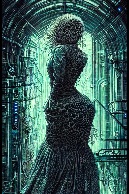 Image similar to dreamy cyberpunk girl, quantum computers, beautiful woman, detailed acrylic, grunge, intricate complexity, by dan mumford and by alberto giacometti, arthur rackham