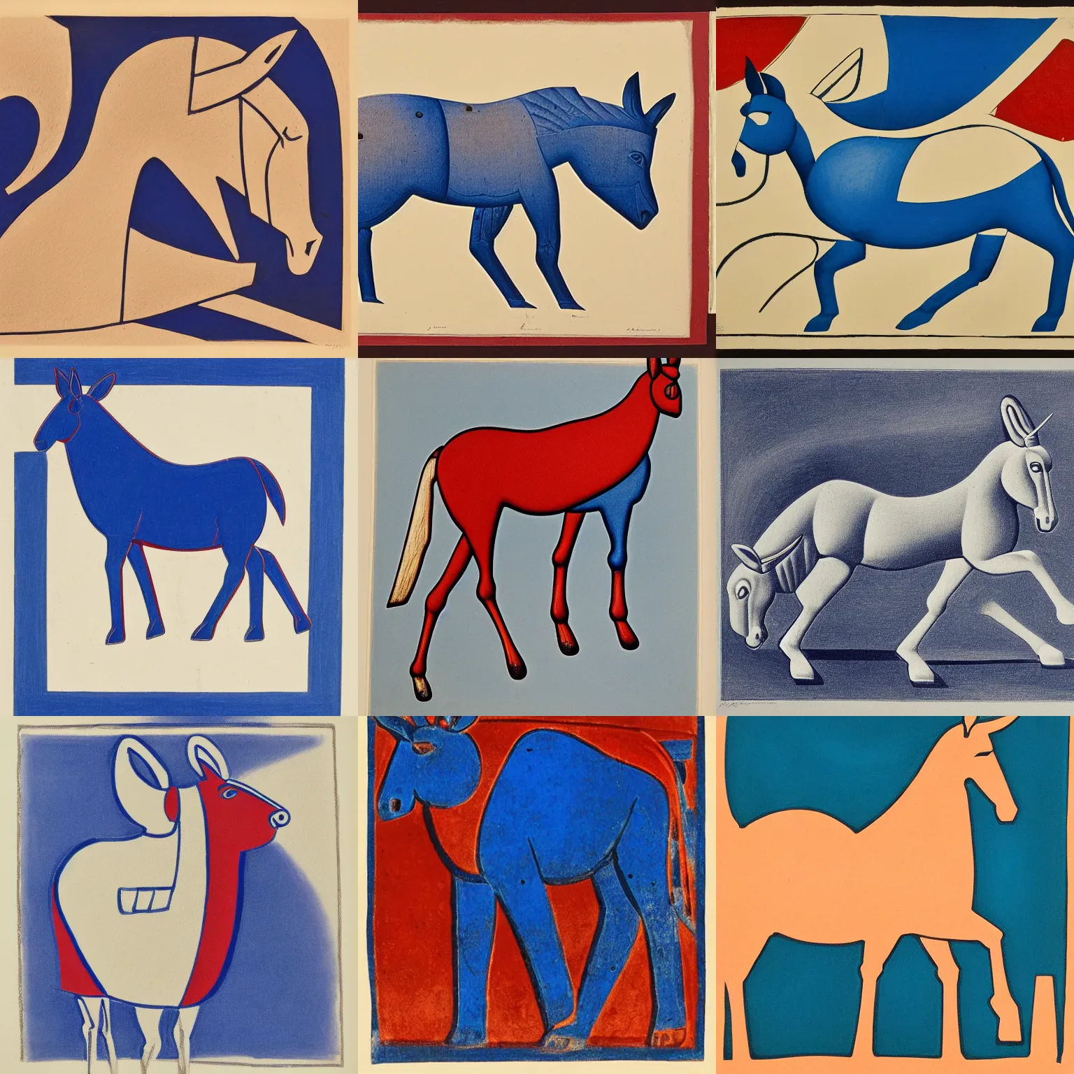 Prompt: lithograph of side view of donkey in cycladic style, full body, duotone, iconic, stylized, ultramarine blue and red iron oxide