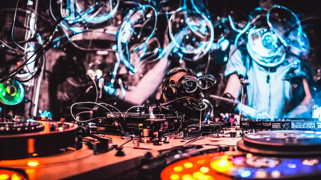 Image similar to a person wearing goggles and visor and headphones using a steampunk record player contraption, wires and tubes, turntablism dj scratching, intricate planetary gears, cinematic, imax, sharp focus, leds, bokeh, iridescent, black light, fog machine, hazy, lasers