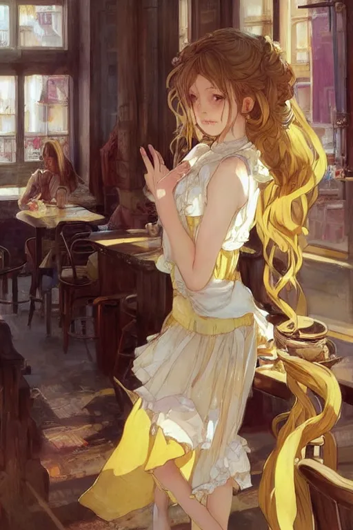 Image similar to A girl in a maid's outfit in a cafe a afternoon, wavy hair yellow theme,S line,45 angel by krenz cushart and mucha and yoneyama mai and greg rutkowski