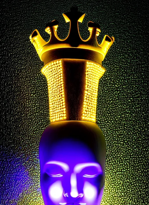 Image similar to queen chess piece photo, crown made of led point lights, pearlescent skin, skin made of led point lights, very detailed, highly detailed background, reflective chessboard, photorealism, sharp focus, photorealism, soft diffuse autumn lights, some sunlight ray, dark room wall, canon 5 d 5 0 mm lens