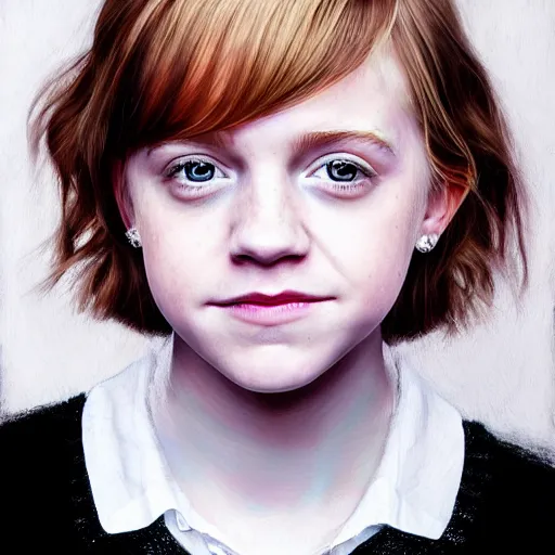 Prompt: portrait of the daughter of rupert grint and emma watson as a young woman, hyperdetailed, hyperrealism.